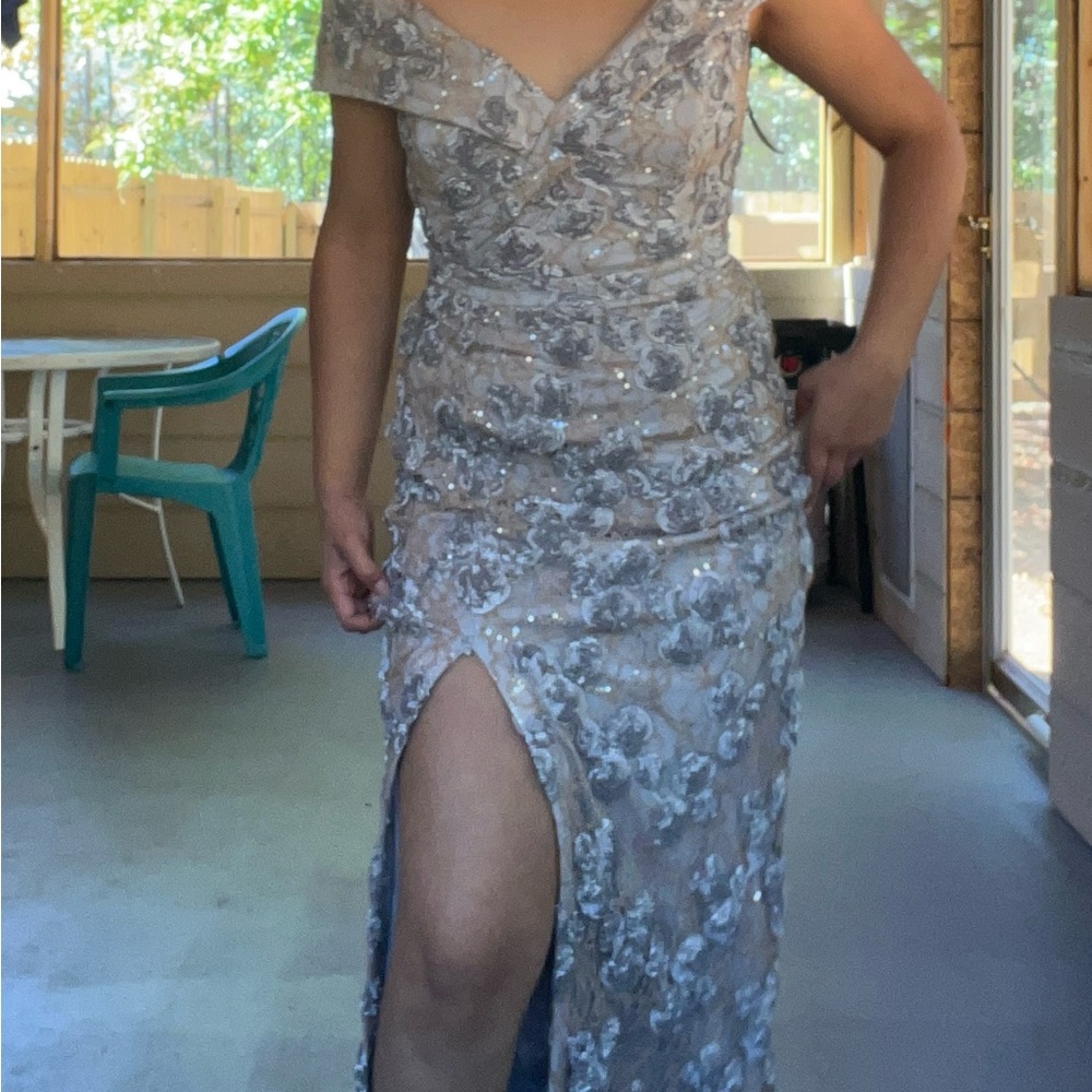 Xscape Off-Shoulder Silver Floral Gown